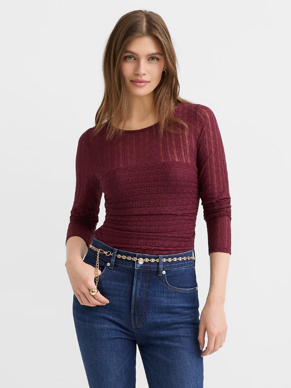 LOFT Size S Cherry Cola Color (Burgundy) Lace Ruched Bodice Top, NEW with Tag